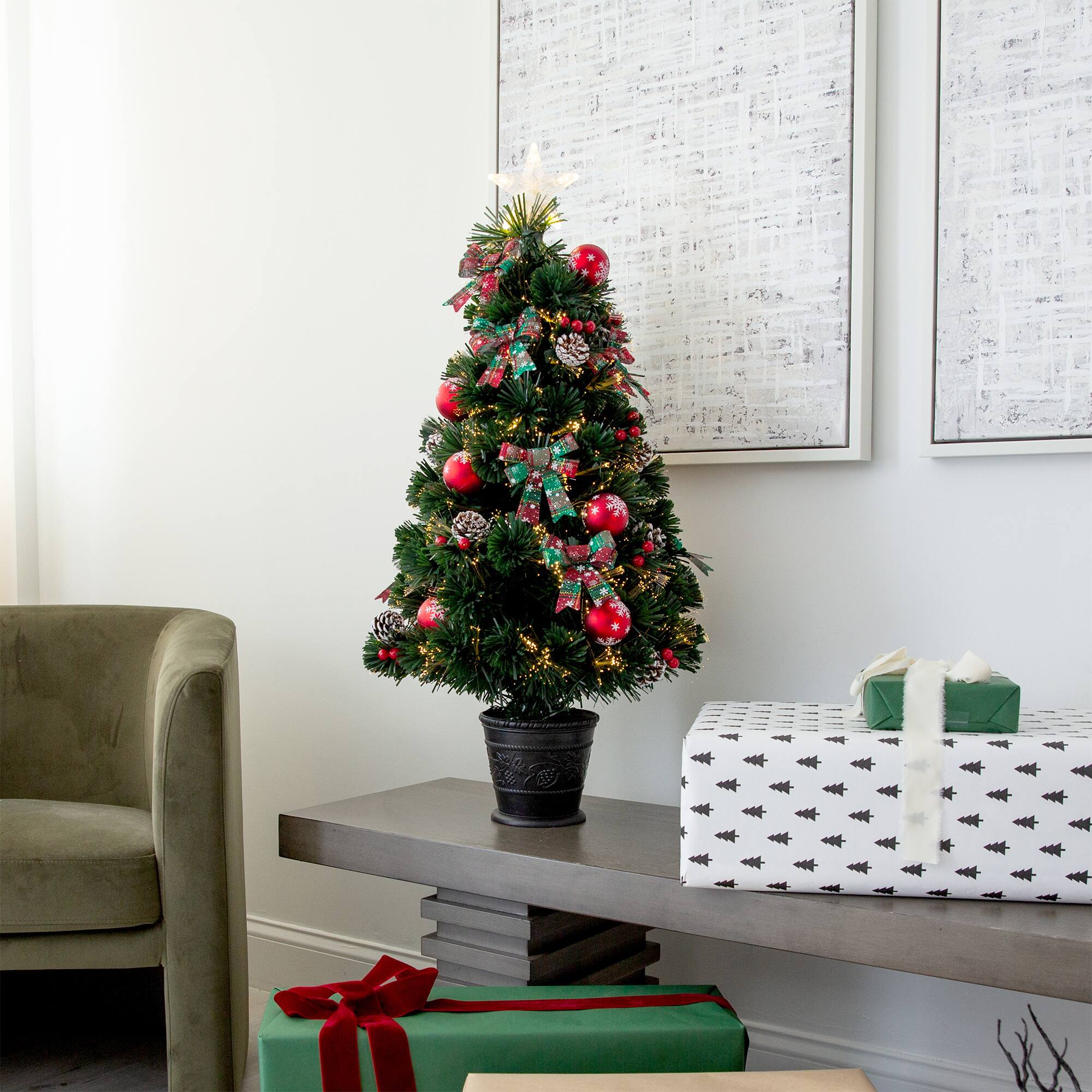 3ft. Pre-Lit Fir Artificial Christmas Tree in Planter, Clear Fiber Optic Lights